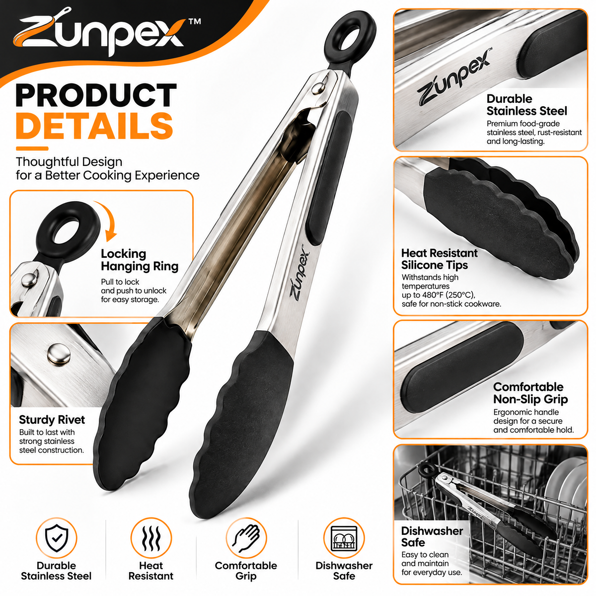 ZUNPEX Stainless Steel Kitchen Tongs