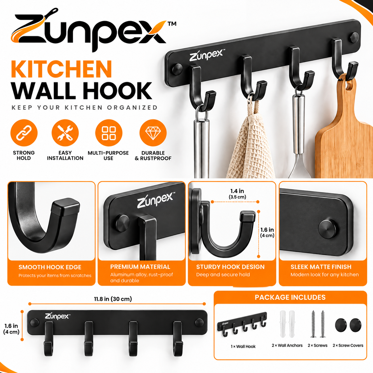 ZUNPEX Wall-Mounted Kitchen Hook Rack