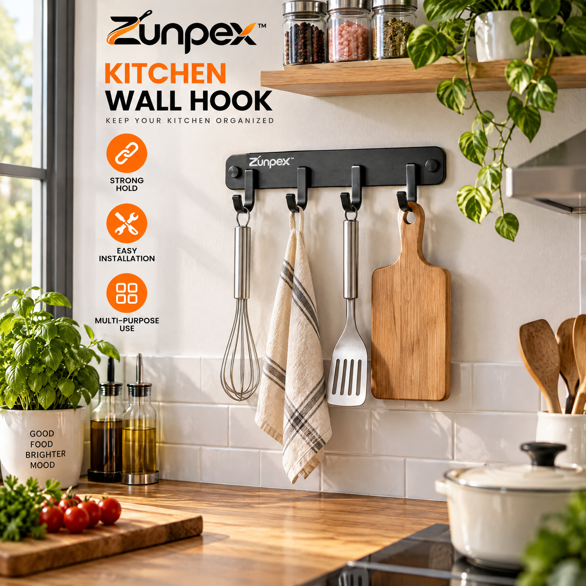 ZUNPEX Wall-Mounted Kitchen Hook Rack