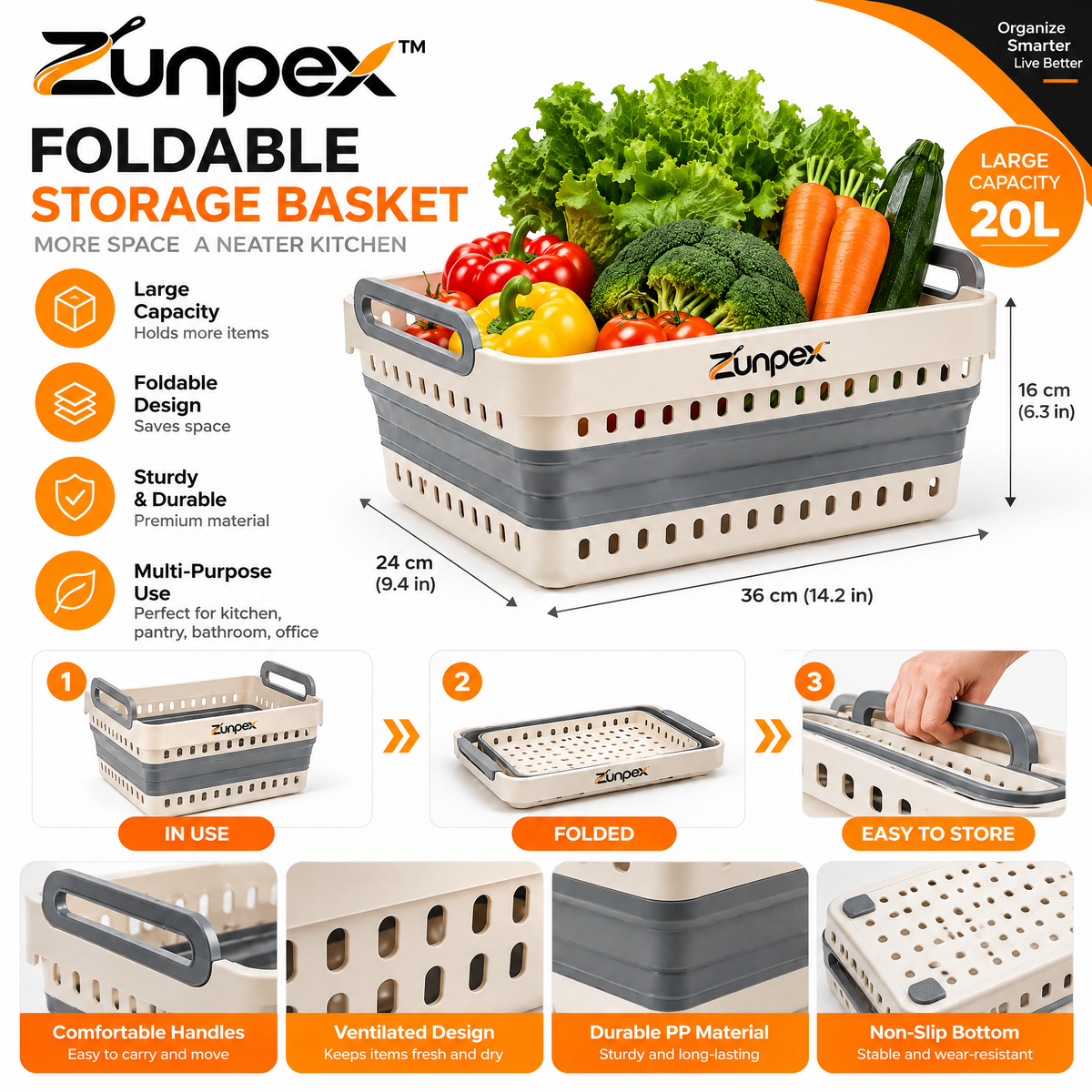 ZUNPEX Foldable Kitchen Storage Basket
